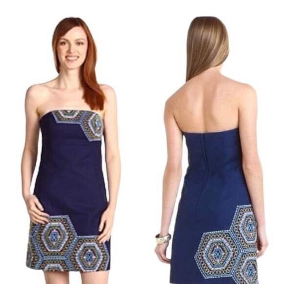 Lilly Pulitzer Dress Size 0 US Navy Blue “Honeycomb Bowen” Strapless Embroidered - Picture 3 of 15